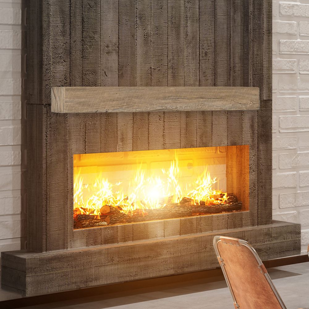 grist mill pale honey mantel on a dark wood surround with ledge