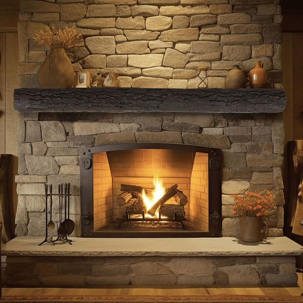half round sleeper roasted chestnut mantel in a cabin lodge inspired room