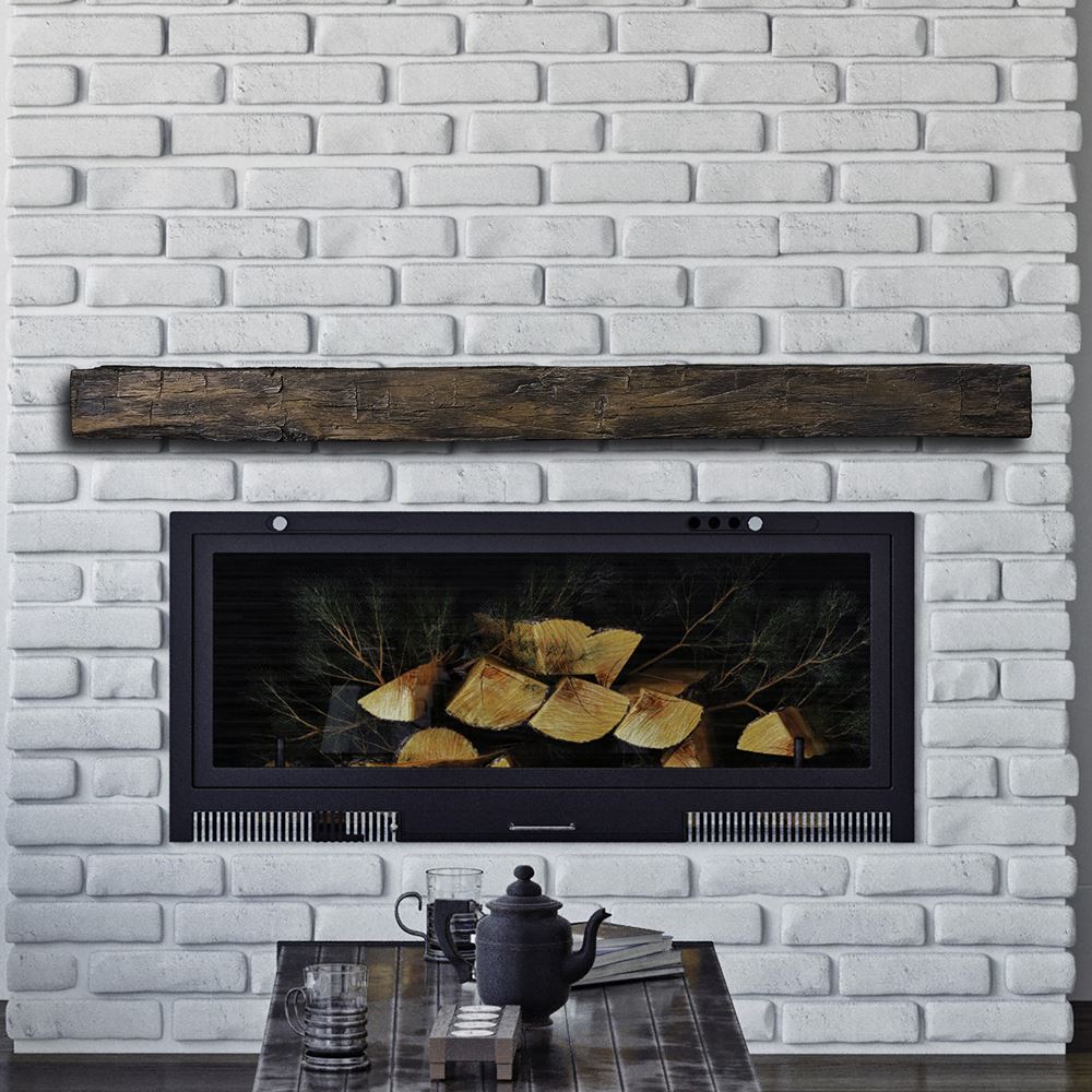 hayloft beam maduro mantel on a white brick wall