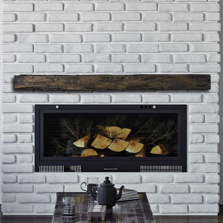 hayloft beam maduro mantel on a white brick wall