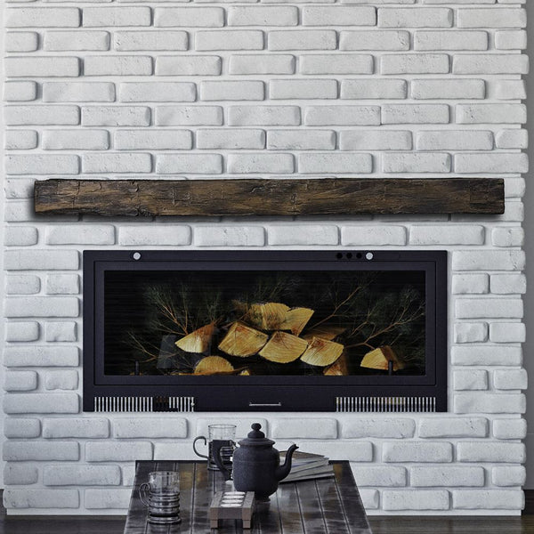 hayloft beam maduro mantel on a white brick wall