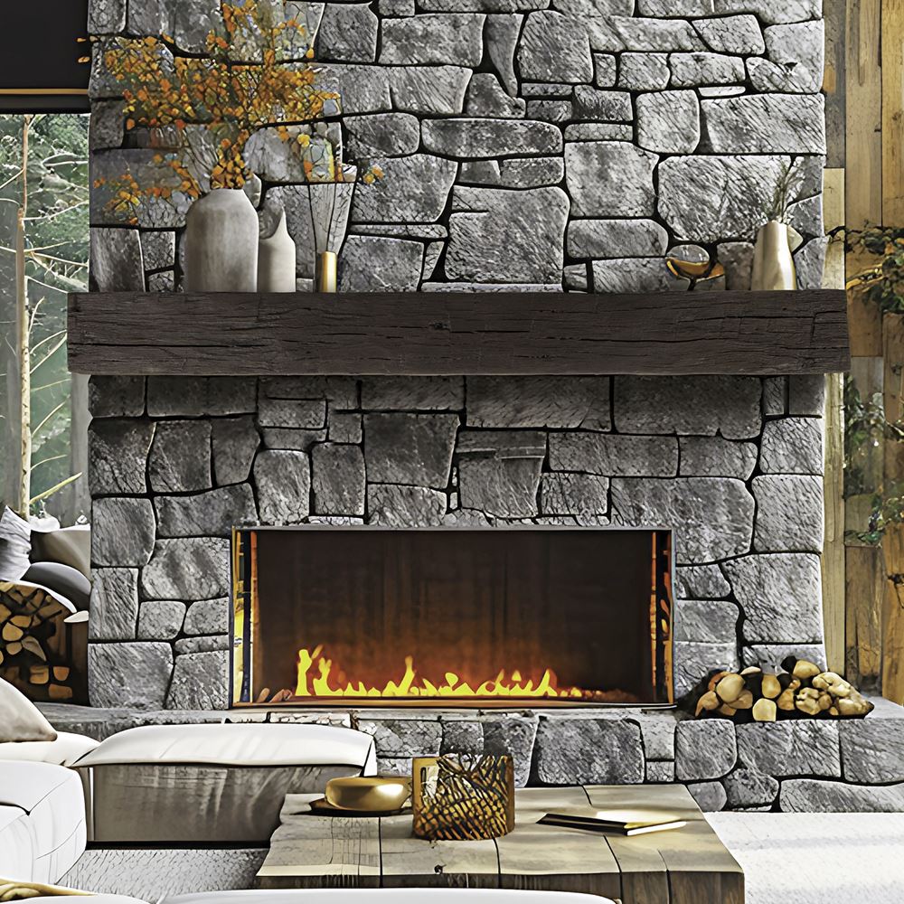tobacco barn roasted chestnut mantel on a stone wall