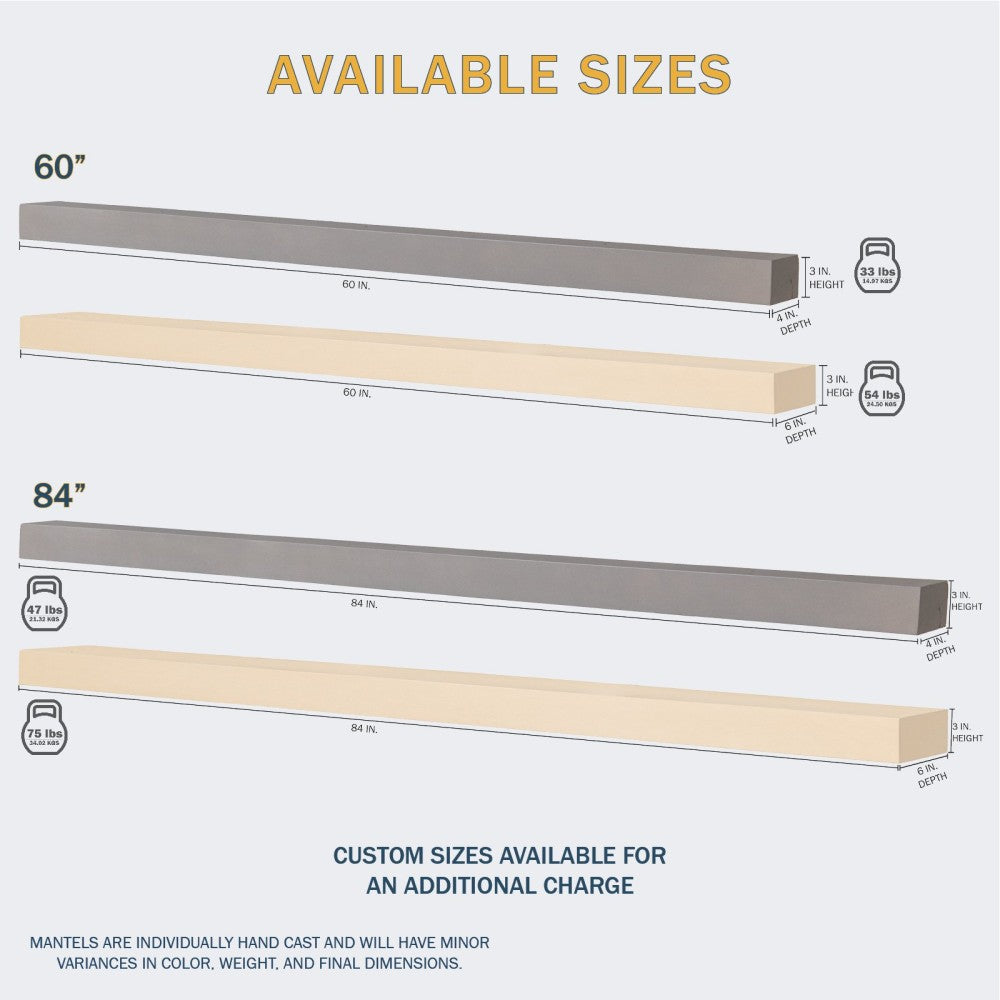 Lexington Hearth Horizon Concrete Faux Wood Mantel Shelf Available Sizes