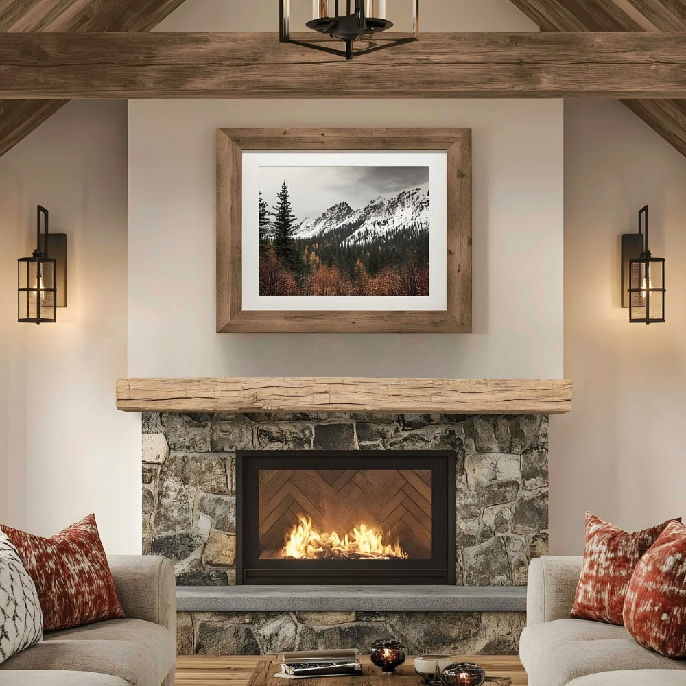 Lexington Hearth Smokehouse mantel in Pale Honey above a stone fireplace