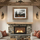 Lexington Hearth Smokehouse mantel in Pale Honey above a stone fireplace