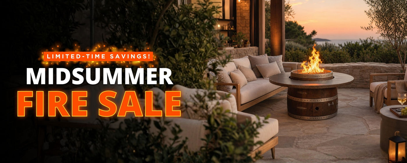 Outdoor patio at dusk with a round fire pit table, banner text reads 'MIDSUMMER FIRE SALE' 