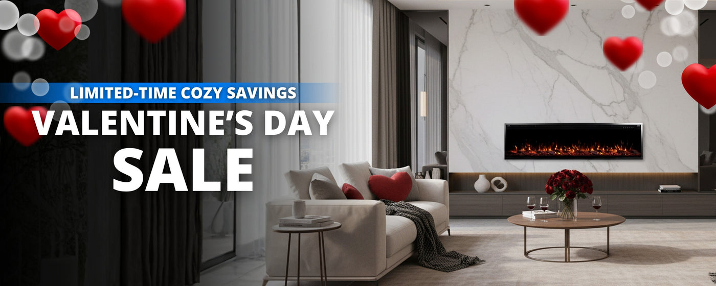 Modern living room with linear fireplace in a marbled wall, text reads "Valentine's Day Sale"