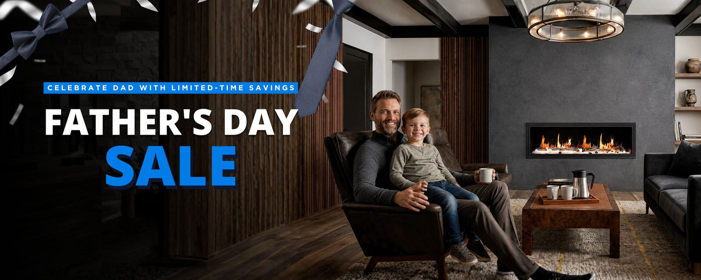 Father and son in a living room with "Father's Day Sale" text overlay