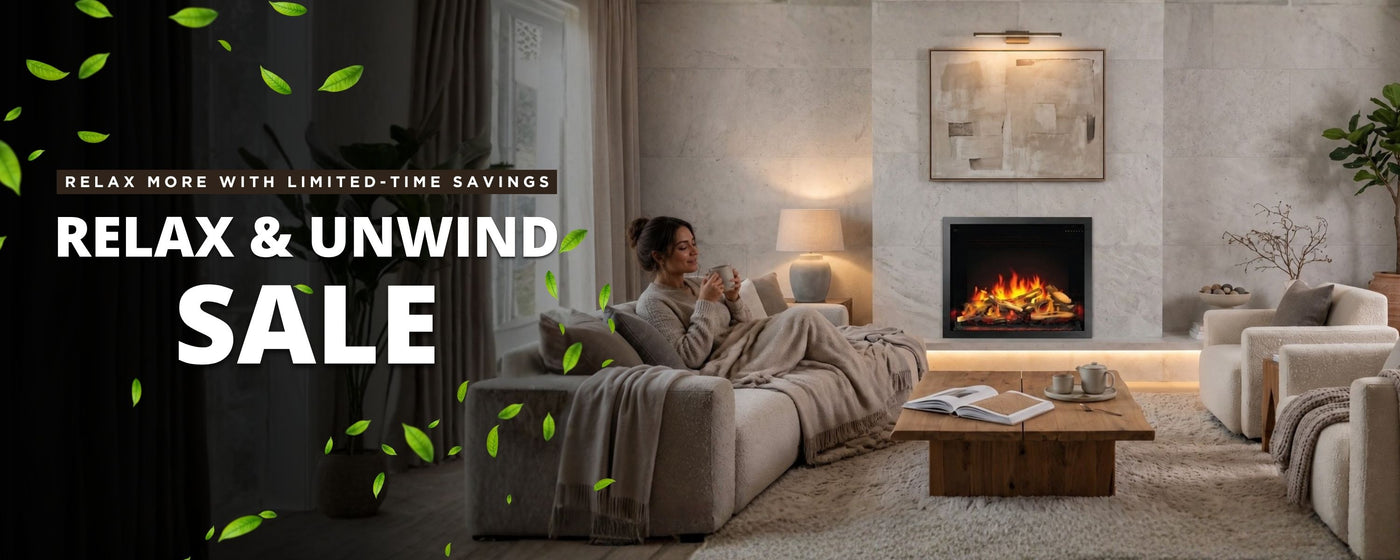 A woman in a cozy living room scene near a lit fireplace, text reads "Relax & Unwind Sale"