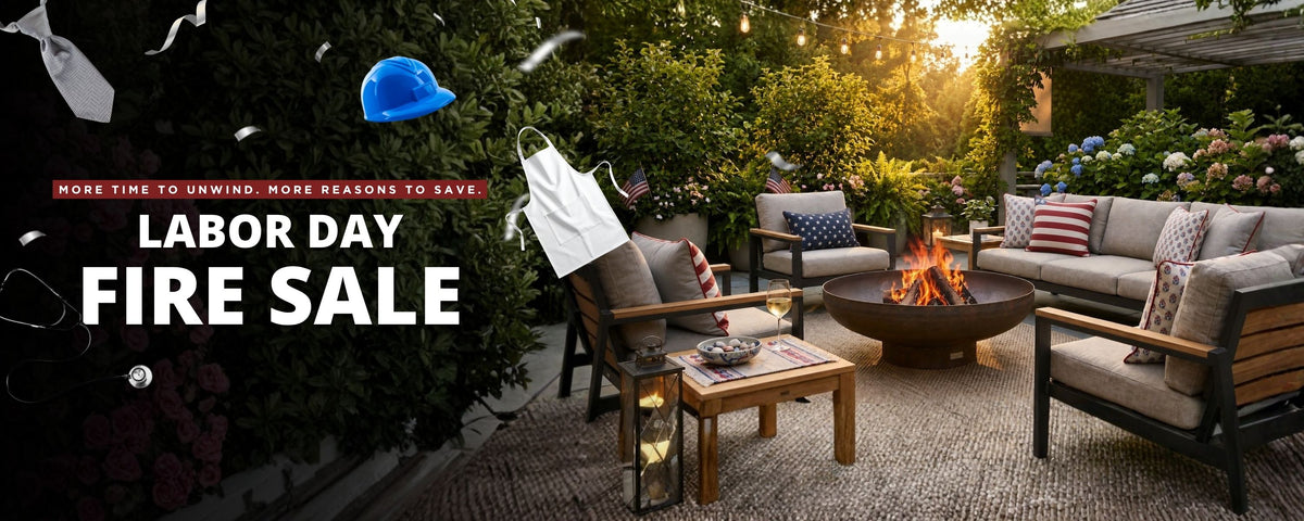 Outdoor patio fire pit scene with chairs & a fire bowl, banner text reads "Labor Day Fire Sale"