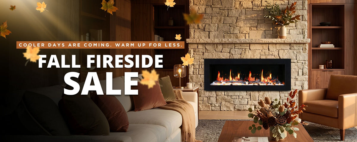 Electric fireplace recessed in a rustic brick wall with a mantel, in a living room with a fall color scheme. Text reads "Fall Fireside Sale"