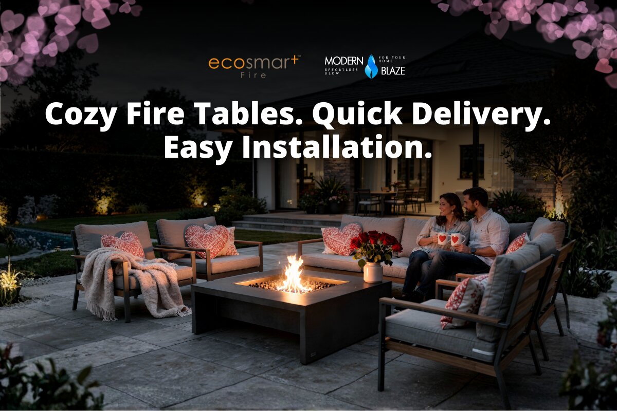 A couple sitting around a fire table in a backyard, heart pillows on the furniture