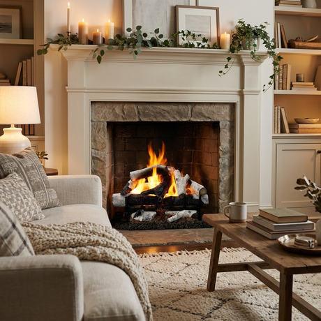 Majestic 2-Tier Stadium Burner vented gas log set in Grand Birch burning in a stone fireplace in a cozy living room with a linen sofa and candlelit mantel