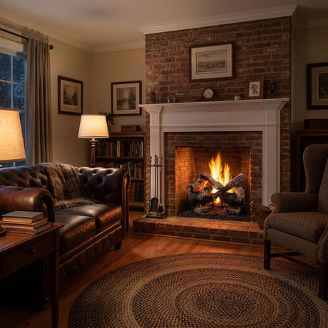 Majestic 2-Tier Stadium Burner vented gas log set in Grand Oaks burning in a red brick fireplace in a traditional family room with a leather sofa