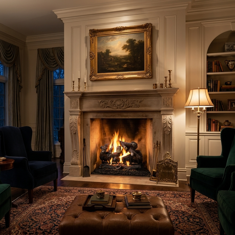 Majestic 2-Tier Stadium Burner vented gas log set in Heritage Oak burning in a limestone fireplace in an elegant formal living room