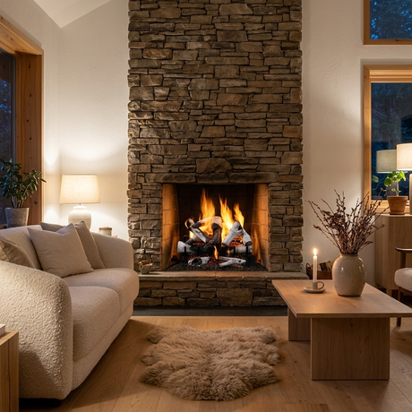 Majestic 3-Tier Stadium Burner vented gas log set in Grand Birch burning in a stacked stone fireplace in a Scandinavian-style living room