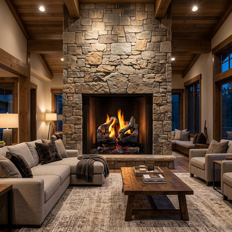 Majestic 3-Tier Stadium Burner vented gas log set in Grand Oaks burning in a floor-to-ceiling stone fireplace in an open-concept living room