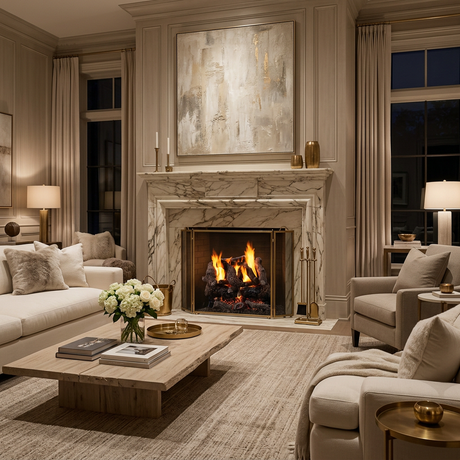 Majestic 3-Tier Stadium Burner vented gas log set in Heritage Oak burning in a marble fireplace in a luxury living room