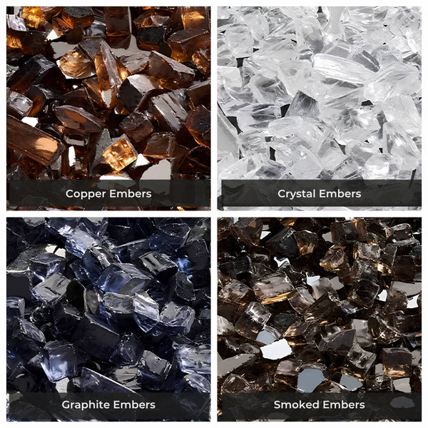Majestic Contemporary vented gas burner fire glass color options: Copper Embers, Crystal Embers, Graphite Embers and Smoked Embers