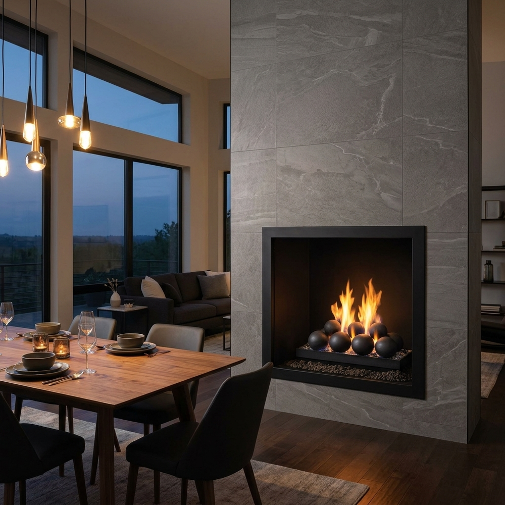Majestic Contemporary vented gas burner with cannonballs burning in a gray porcelain fireplace beside a walnut dining table in a contemporary home