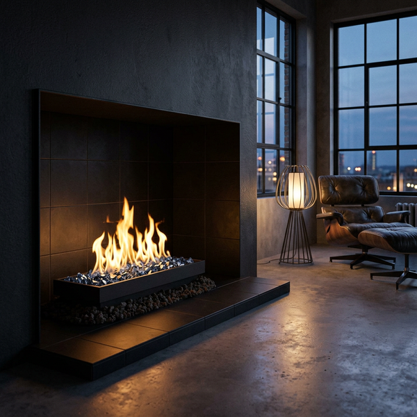 Majestic Contemporary vented gas burner with Graphite Embers fire glass burning in a black tile fireplace in a modern loft at dusk
