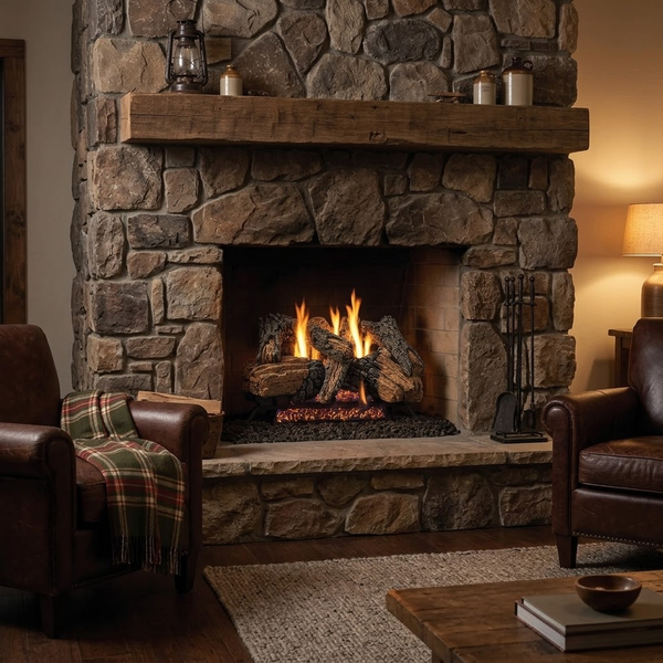 Majestic Radiant Burner vented gas log set with Duzy 3 logs burning in a fieldstone fireplace with a timber mantel in a rustic lodge living room