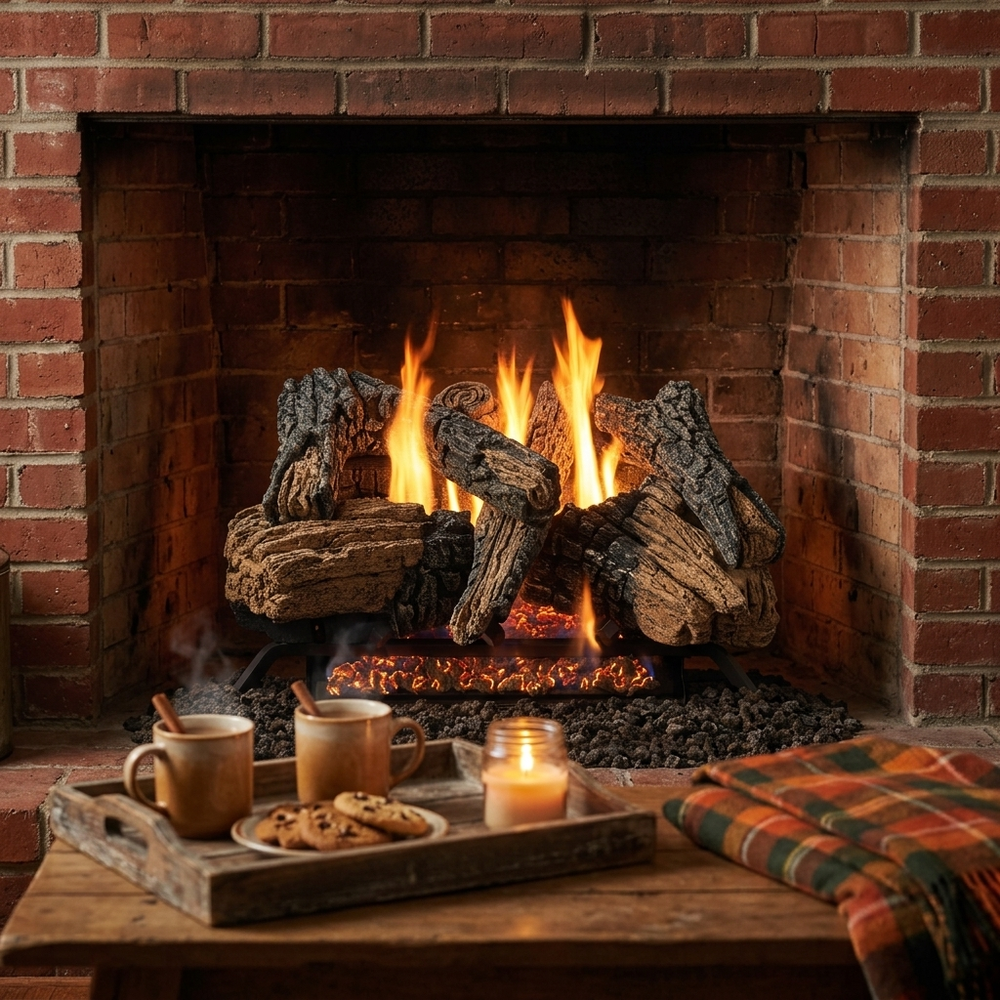 Majestic Radiant Burner vented gas log set with Duzy 3 logs burning in a red brick fireplace behind mugs of hot cider and cookies