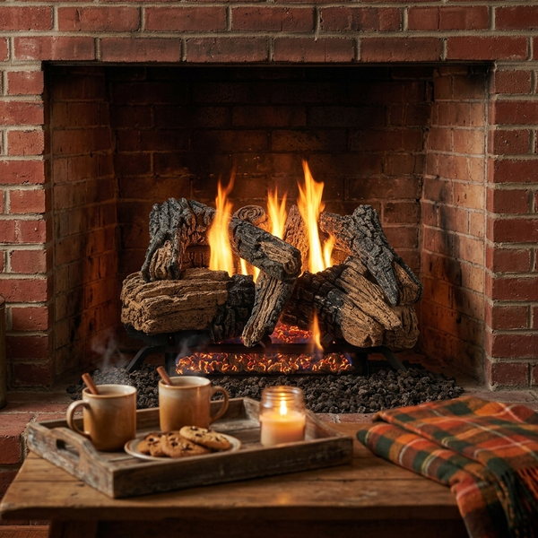 Majestic Radiant Burner vented gas log set with Duzy 3 logs burning in a red brick fireplace behind mugs of hot cider and cookies