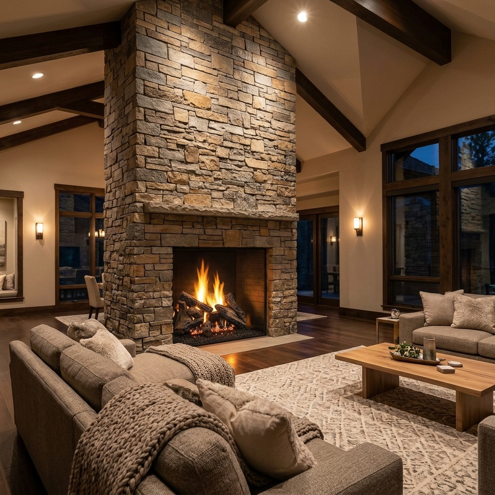 Majestic Radiant Burner vented gas log set with Duzy 5 logs burning in a floor-to-ceiling stacked stone fireplace in a great room with a vaulted ceiling