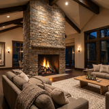 Majestic Radiant Burner vented gas log set with Duzy 5 logs burning in a floor-to-ceiling stacked stone fireplace in a great room with a vaulted ceiling
