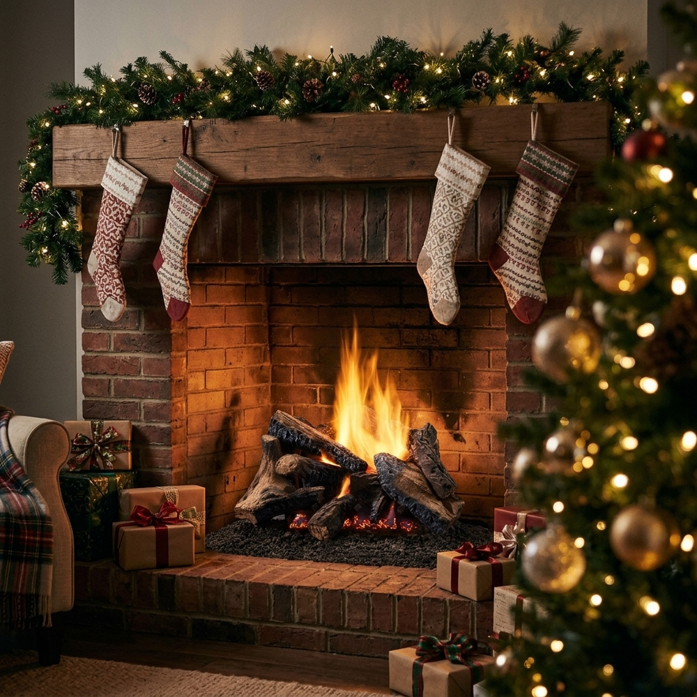 Majestic Radiant Burner vented gas log set with Duzy 5 logs burning in a brick fireplace decorated with holiday garland, stockings and gifts