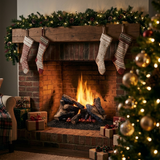 Majestic Radiant Burner vented gas log set with Duzy 5 logs burning in a brick fireplace decorated with holiday garland, stockings and gifts
