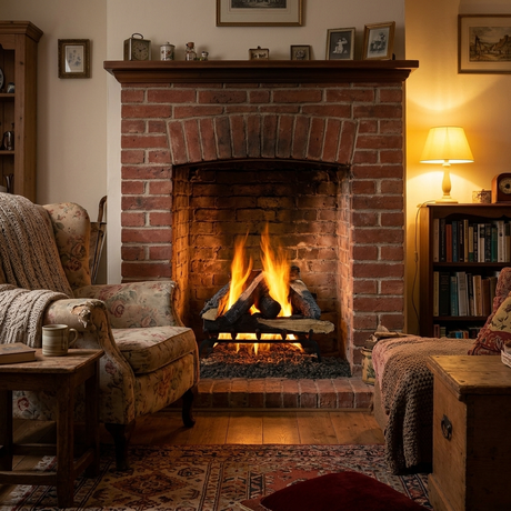 Majestic Kindled Stack vented gas log set burning in a red brick fireplace in a cozy cottage living room