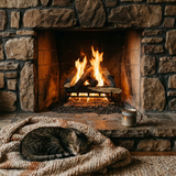 Majestic Kindled Stack vented gas log set glowing in a fieldstone fireplace with a cat sleeping on a blanket nearby