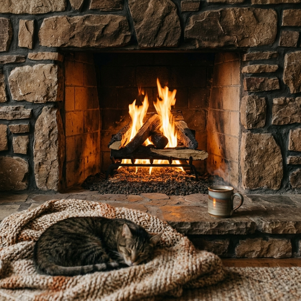 Majestic Kindled Stack vented gas log set glowing in a fieldstone fireplace with a cat sleeping on a blanket nearby