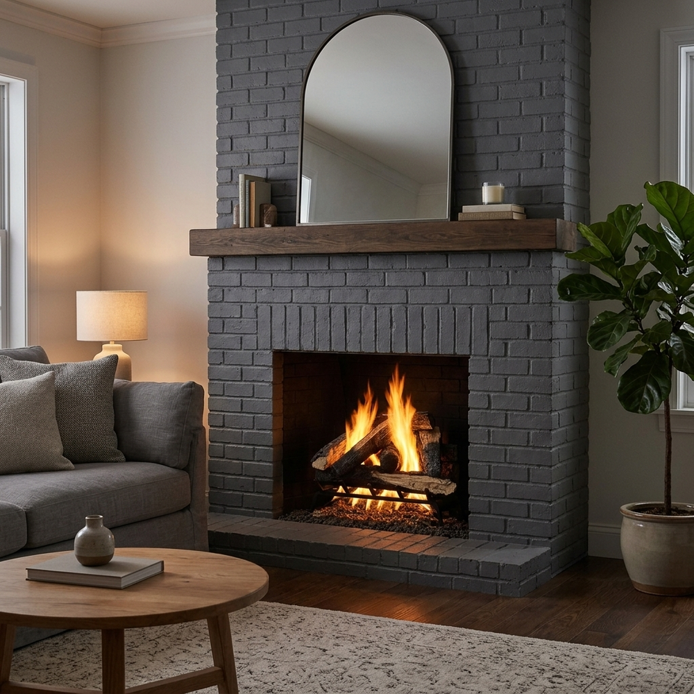 Majestic Kindled Stack vented gas log set burning in a gray painted brick fireplace in a transitional living room