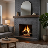 Majestic Kindled Stack vented gas log set burning in a gray painted brick fireplace in a transitional living room