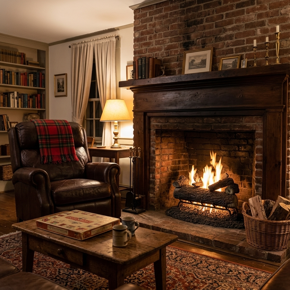 Majestic Timberland Oak vented gas log set burning in a brick fireplace in a traditional living room with a leather recliner