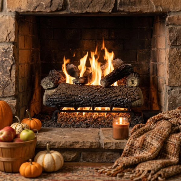 Majestic Timberland Oak vented gas log set glowing in a stone fireplace with pumpkins and autumn decor on the hearth
