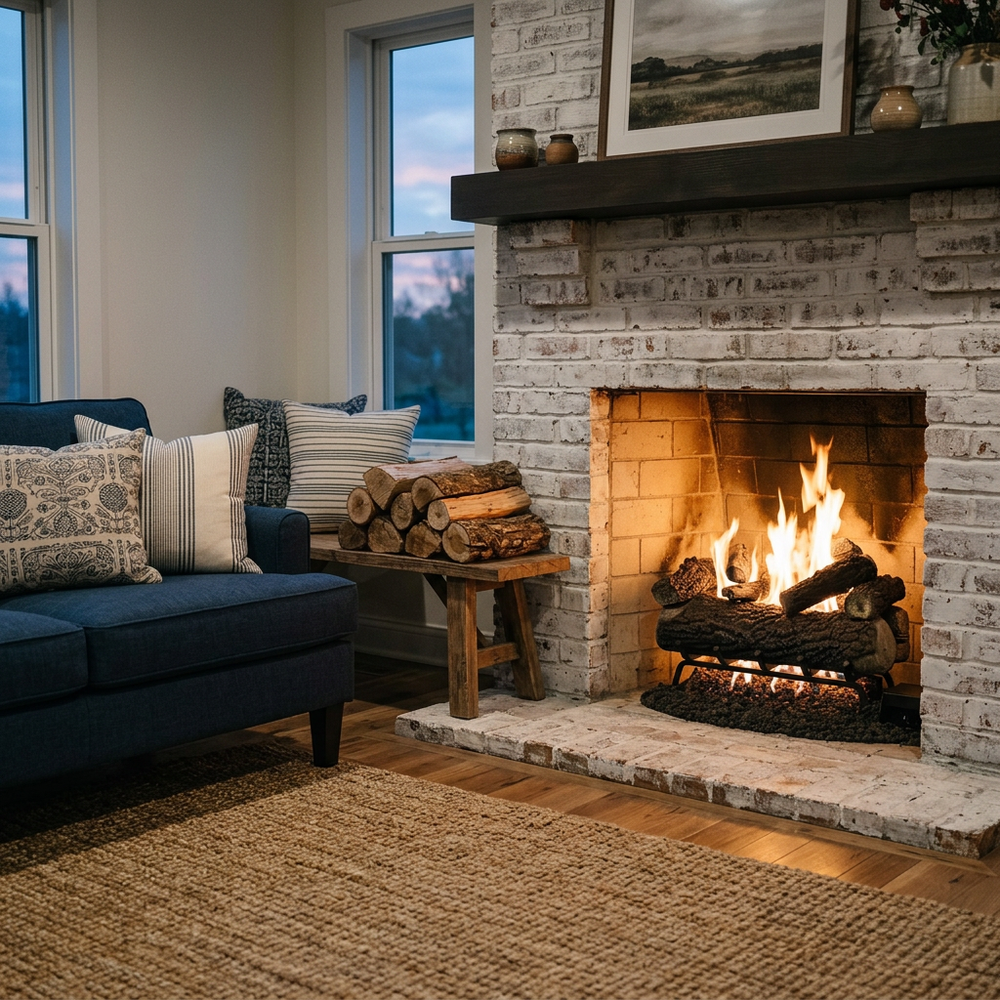 Majestic Timberland Oak vented gas log set burning in a whitewashed brick fireplace in a bright den
