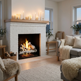 Majestic Woodland Birch vented gas log set burning in a white brick fireplace in a Nordic-style living room