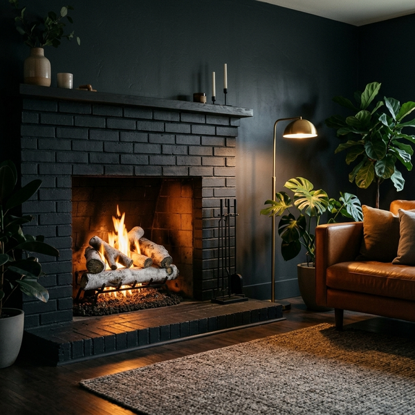 Majestic Woodland Birch vented gas log set burning in a black brick fireplace in a moody modern living room