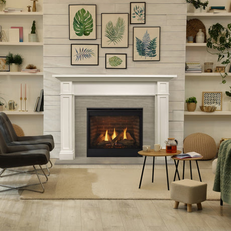 Majestic Quartz Platinum 36-Inch Vented Gas Fireplace in Living Room with Brick Panel