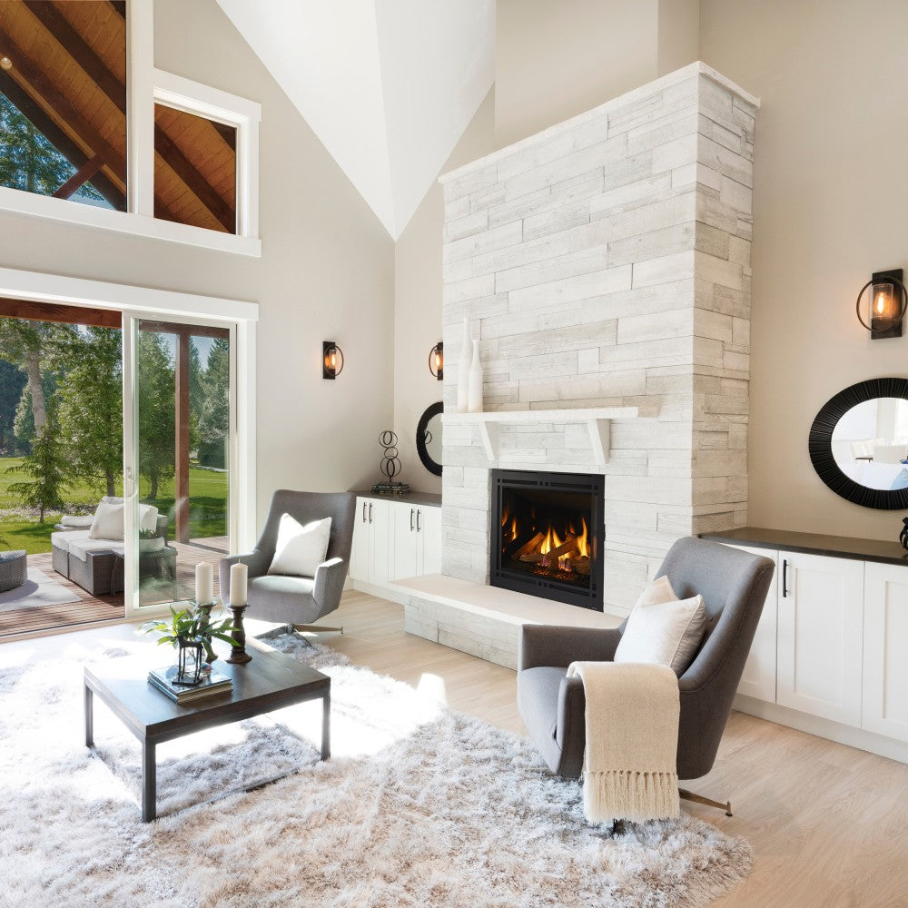 Majestic Quartz Platinum 36-Inch Vented Gas Fireplace in Living Room with Mantel