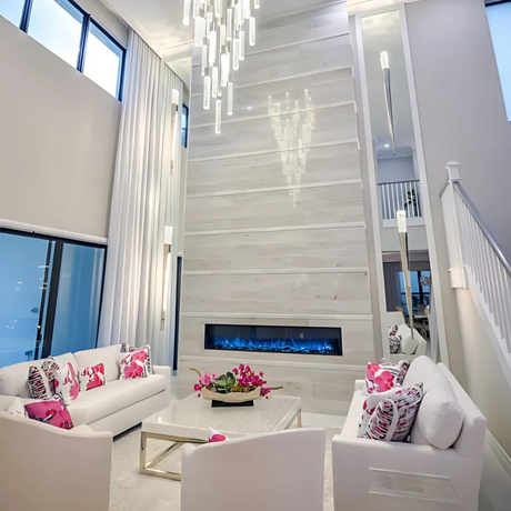 Modern Flames Landscape Pro Slim LPS-8014 with Blue Flames in Living Room with Vaulted Ceiling