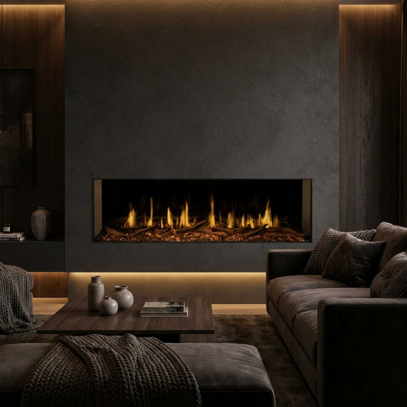 Modern living room with a fireplace and mood lighting
