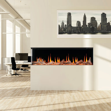 Napoleon Luminex 65-Inch Built-In Smart Electric Fireplace on a dividing wall