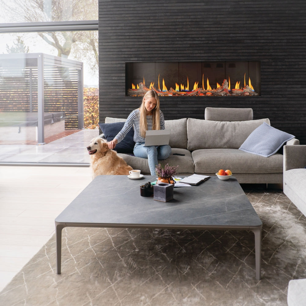 Relaxing with your dog by the Napoleon Luminex 65-Inch Built-In Smart Electric Fireplace