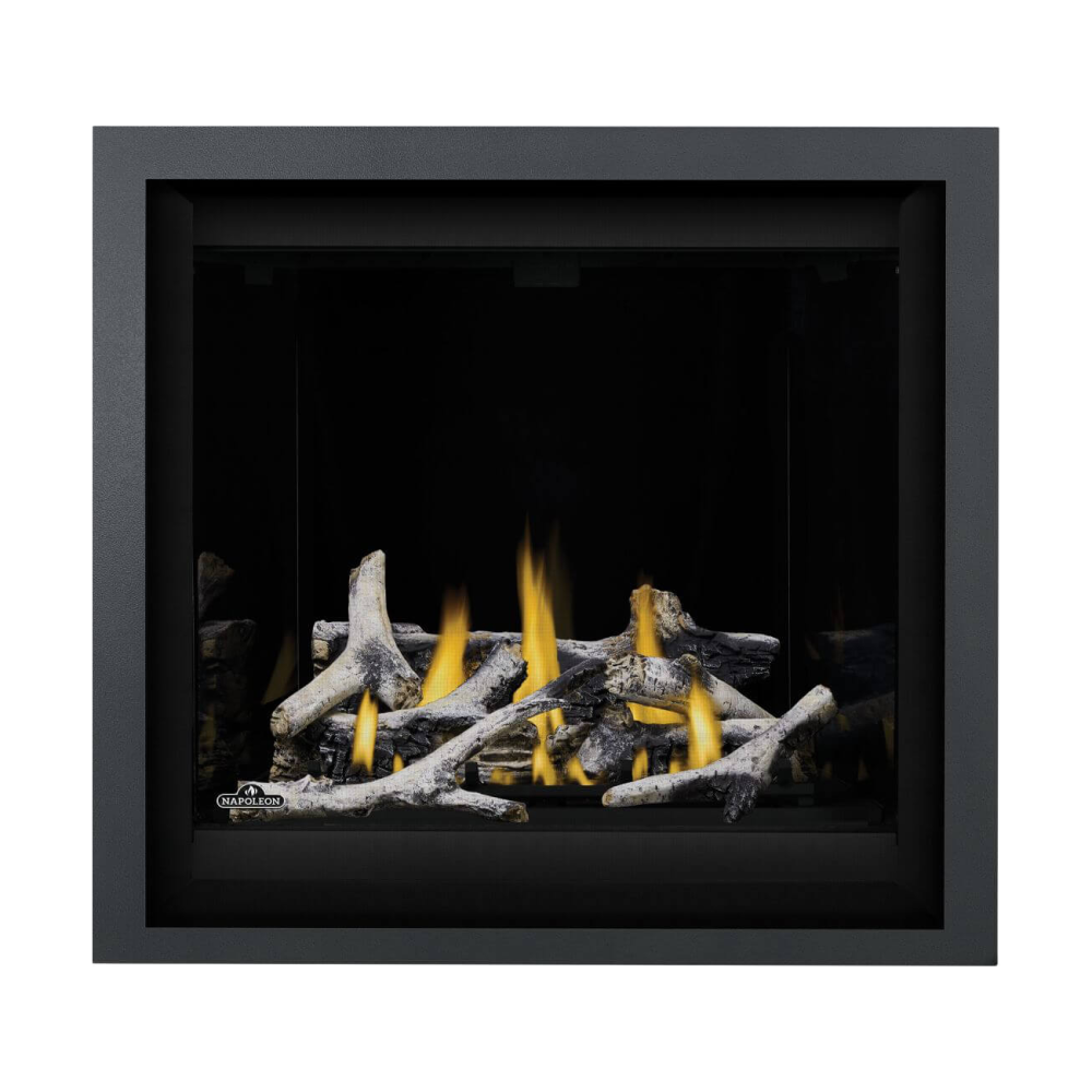 Napoleon Altitude X 36-Inch Gas Fireplace with Birch Log Kit - Porcelain Reflective Radiant Panels - Charcoal Trim Kit