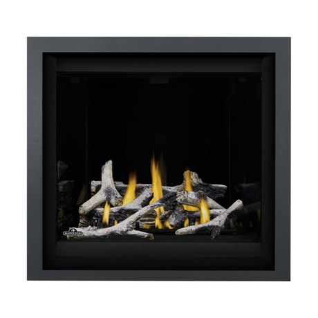 Napoleon Altitude X 36-Inch Gas Fireplace with Birch Log Kit - Porcelain Reflective Radiant Panels - Charcoal Trim Kit
